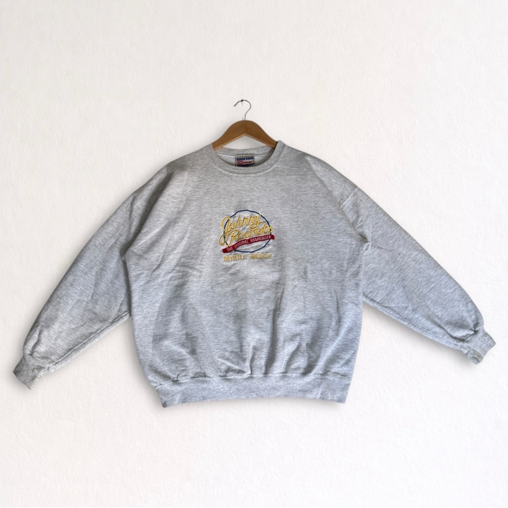 Vintage Johnny Rockets Myrtle Beach Embroidered Crewneck Sweatshirt Gray Mens L